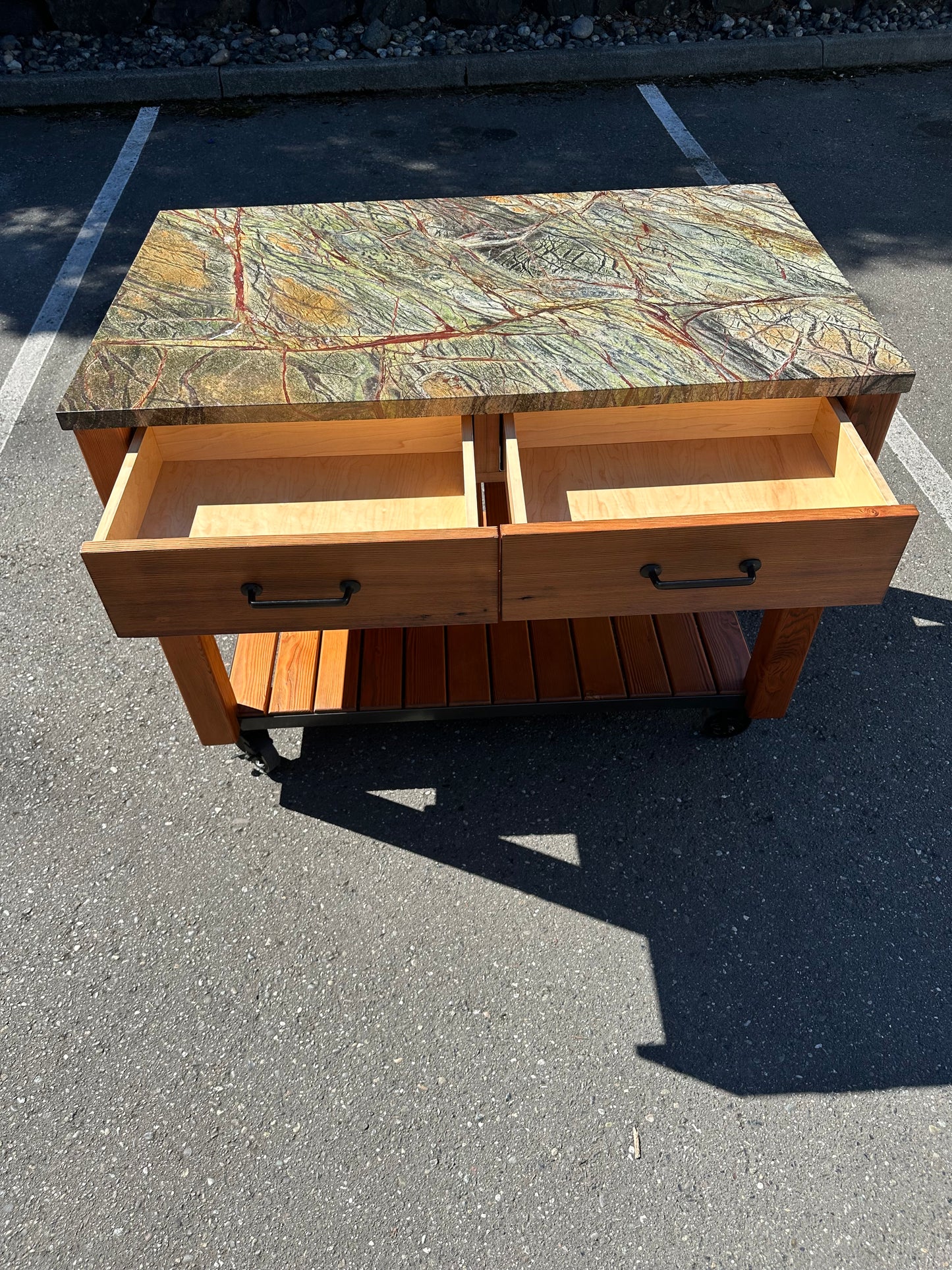 Custom Solid Wood Rolling Kitchen Island With Marble Top #0775