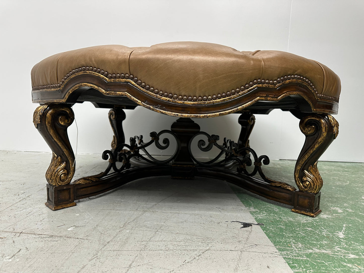 Marge Carson Faux Leather Ornate Ottoman With Gold Accent Trim #0915