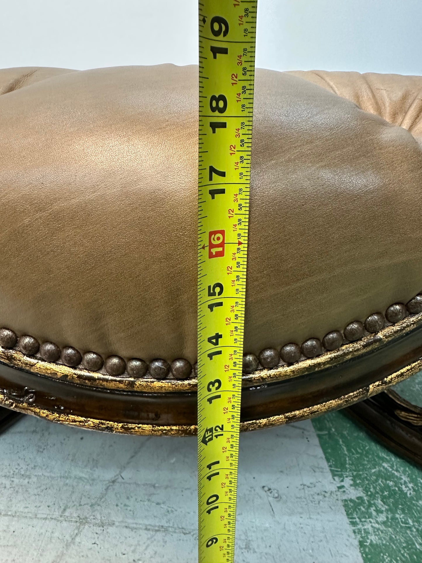 Marge Carson Faux Leather Ornate Ottoman With Gold Accent Trim #0915