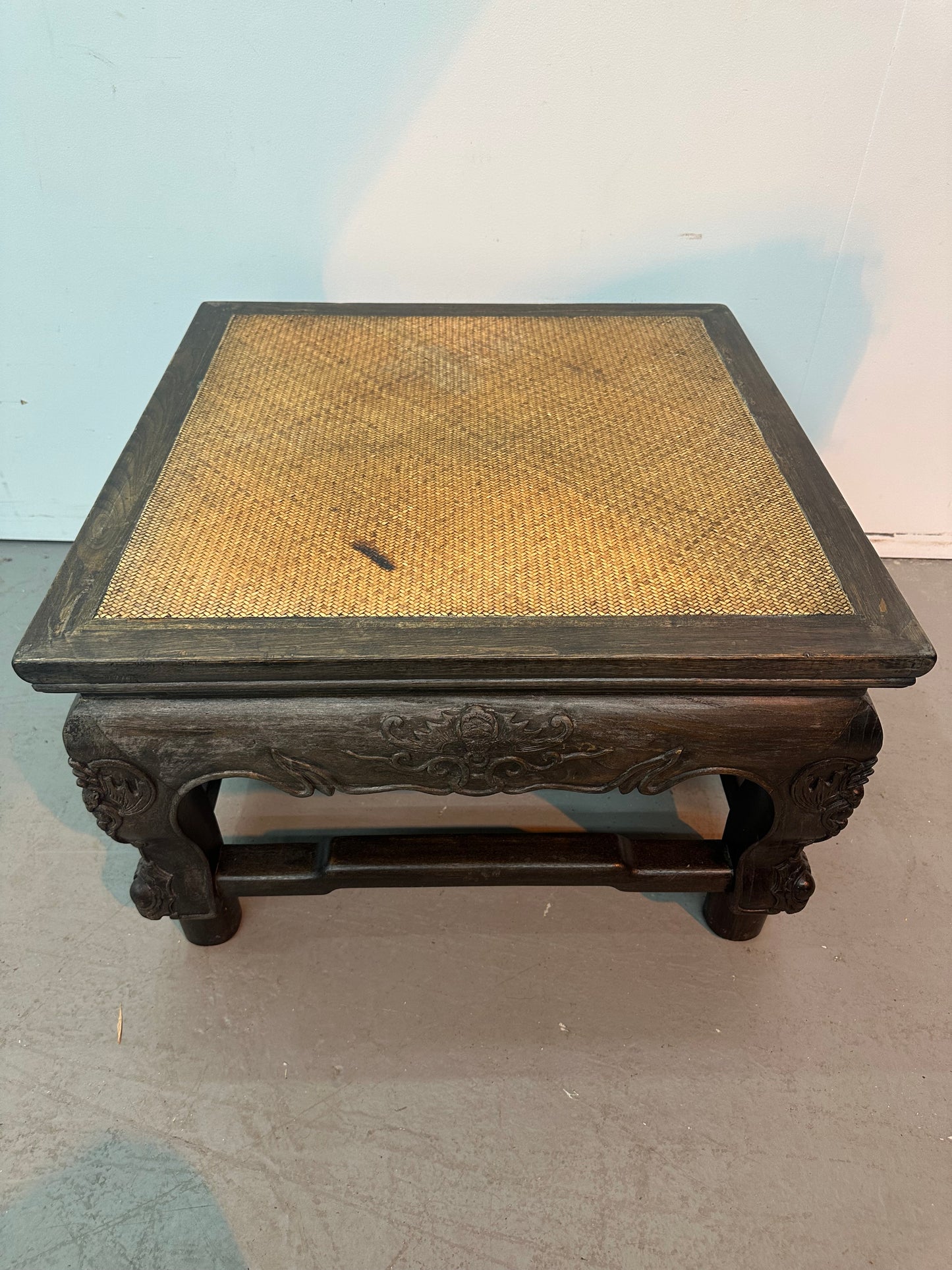 Antique Oriental Ornate Woven Rattan Top Table #1076