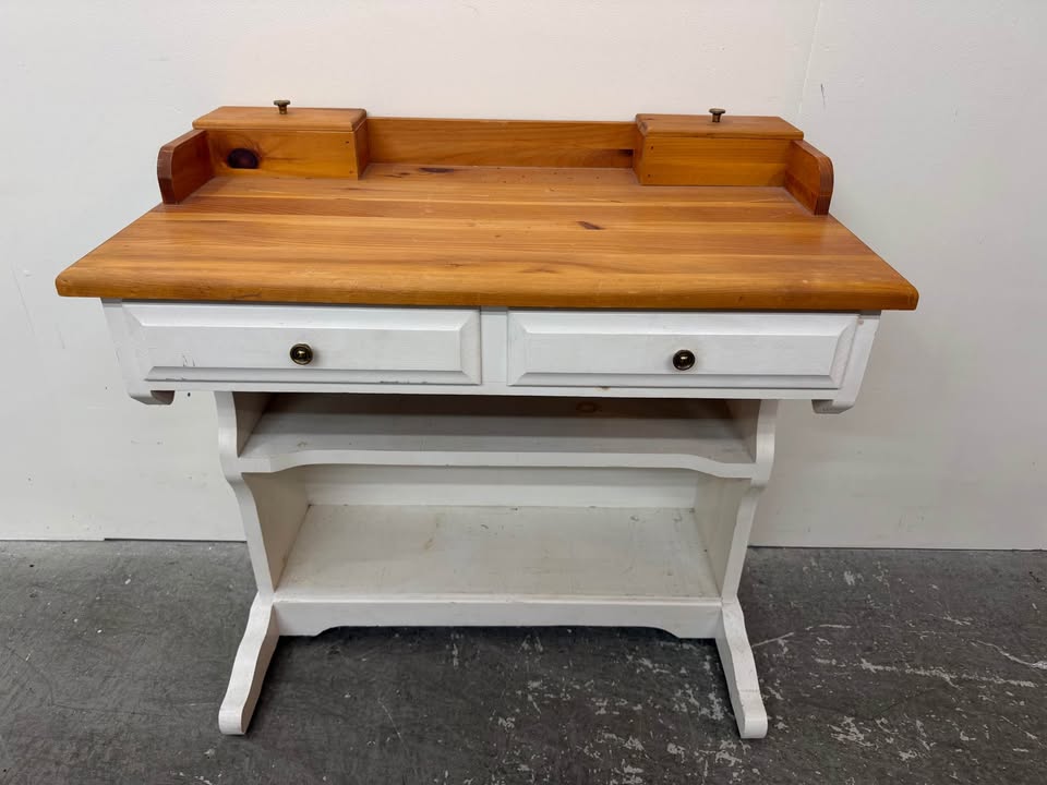 Two-Tone Pine and White Wooden Desk with Hutch #2444
