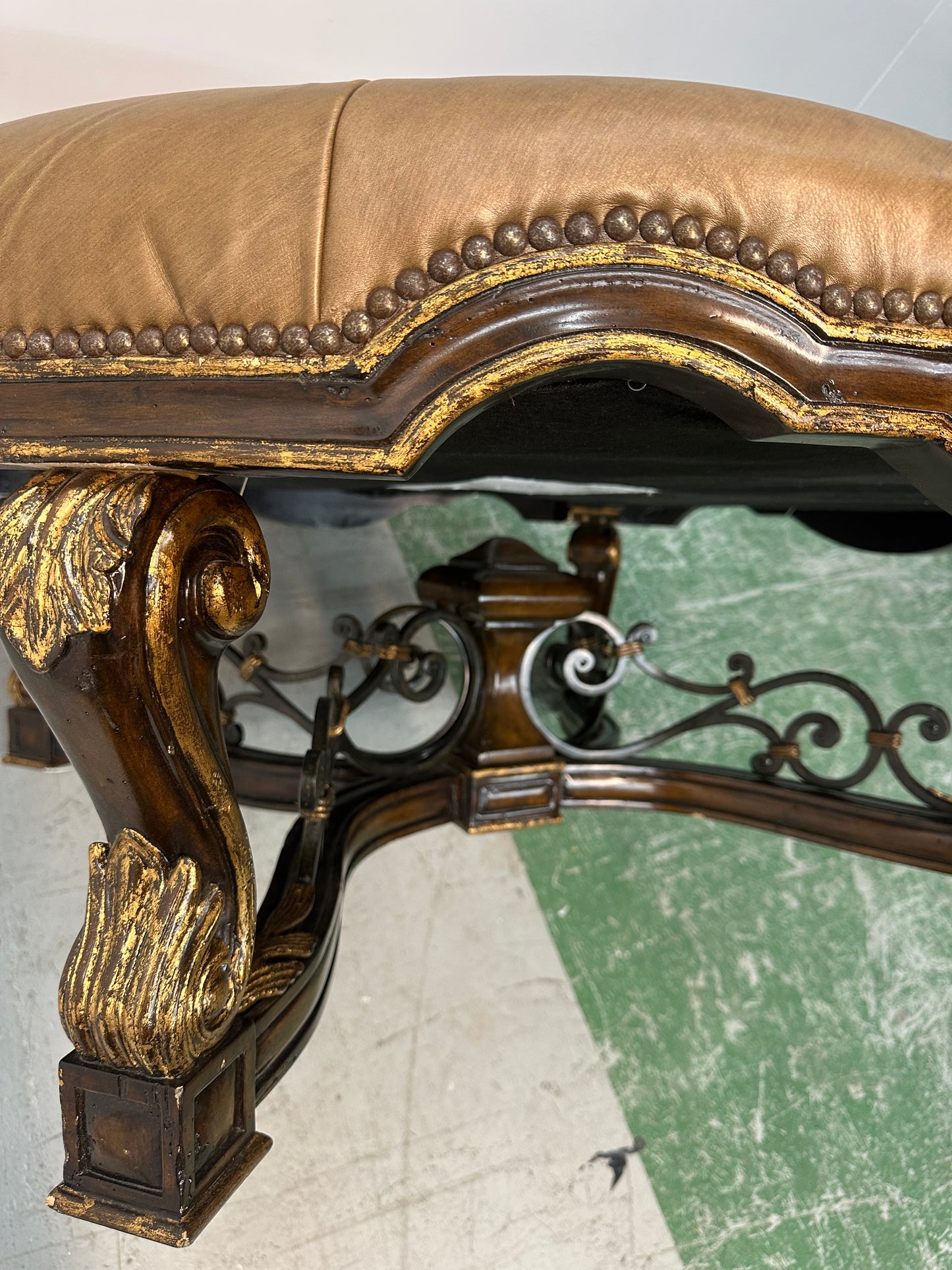 Marge Carson Faux Leather Ornate Ottoman With Gold Accent Trim #0915