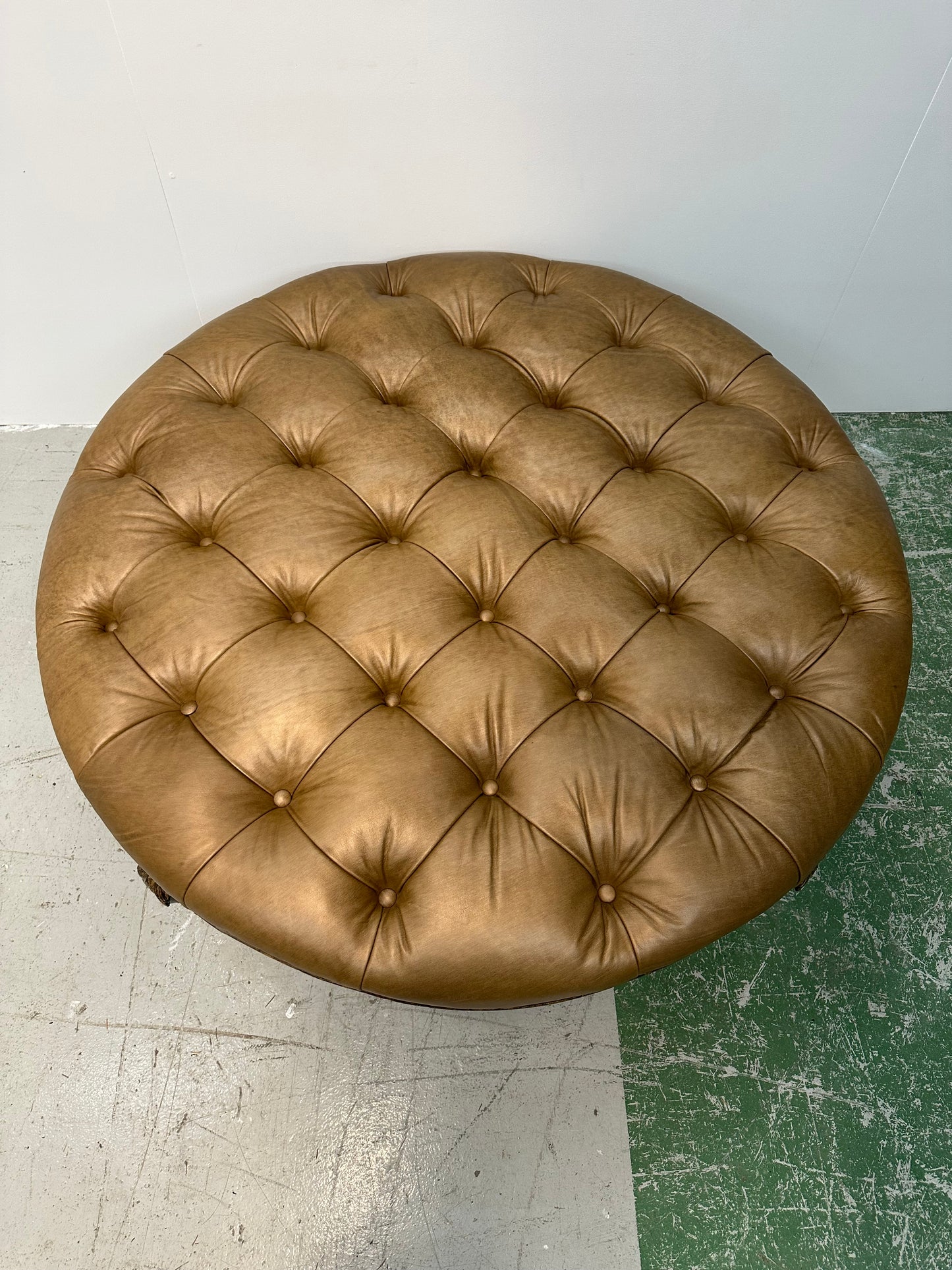 Marge Carson Faux Leather Ornate Ottoman With Gold Accent Trim #0915