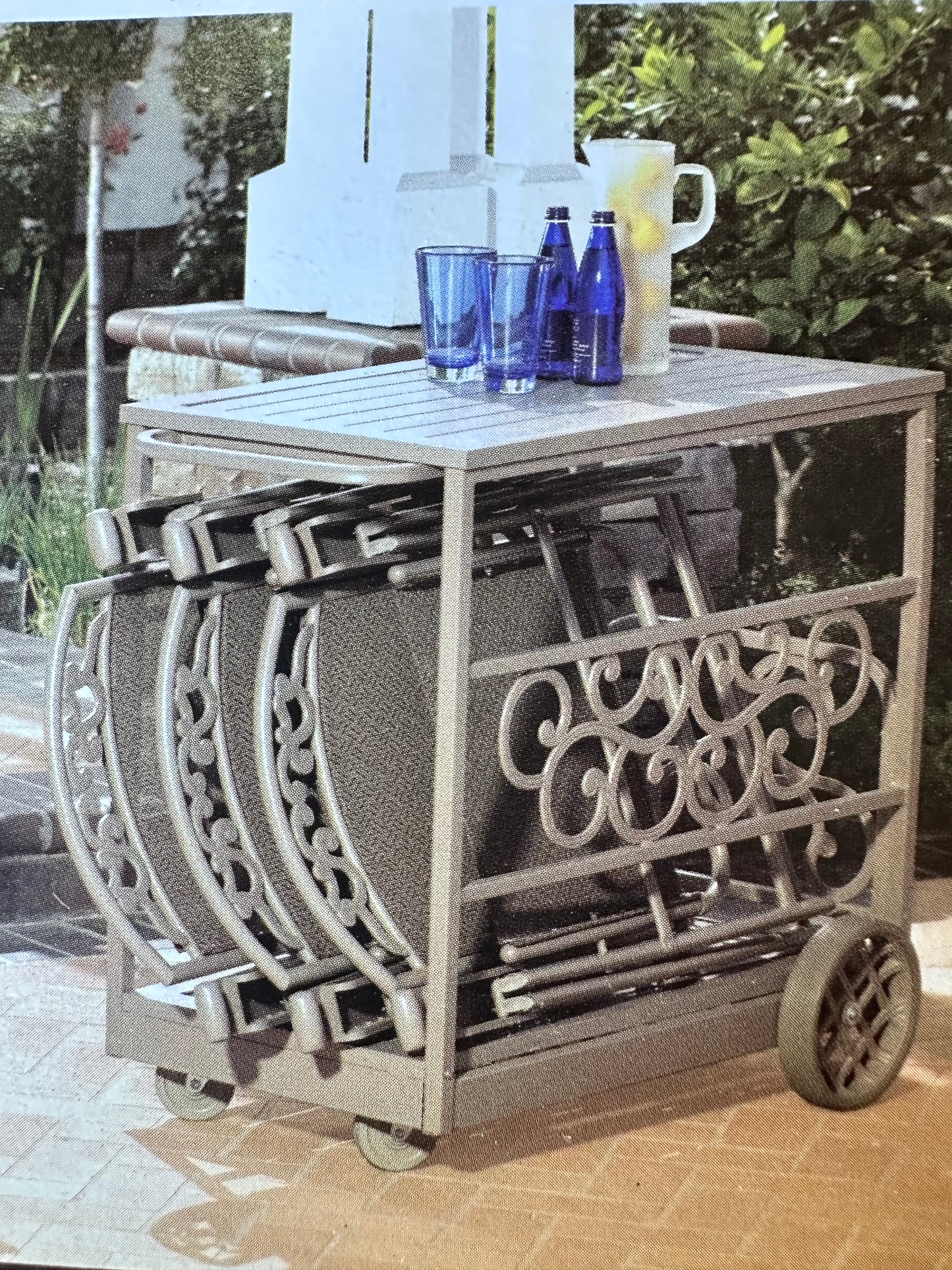 Metal Serving Cart Bar Cart Outdoor Storage Cart with Folding Chairs #0378