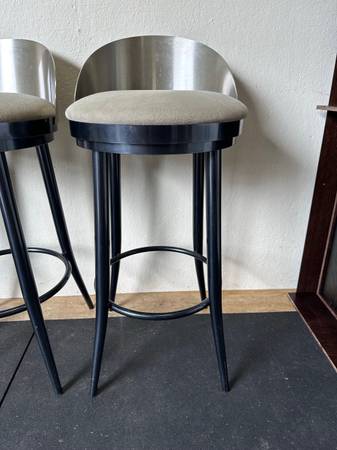 Vintage Metal Stainless Backed Swivel Stools Upholstered Seats Set Of 3 KH#47