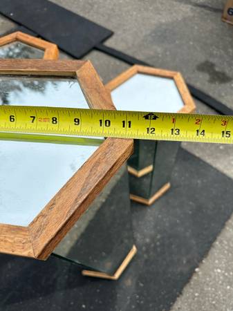 Postmodern Mirrored Hexagonal Wooden Framed Pedestal Side Tables Plant Stands