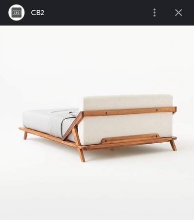 CB2 Drommen Acacia Wood Platform Bed Full Size Bed Frame with Upholstered Headboard