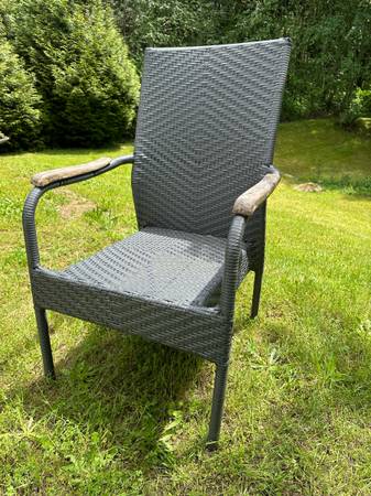 Wicker Outdoor Chair with Wooden Arm Accents Grey #0409