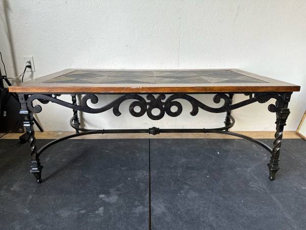 Rectangular Iron Base Slate Inlayed Wooden Coffee Table #0168