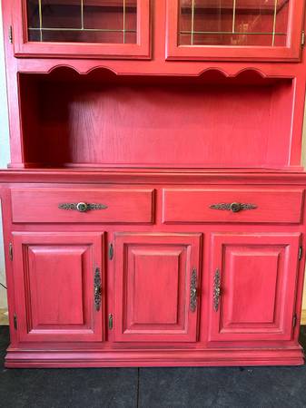 Solid Oak With Glass Door Hutch Rustic Painted/Stained Console #0183