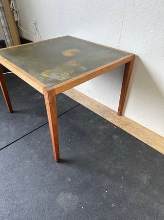 1970s Mid Century Modern Harry Lunstead Designs Acid Etched Top Hardwood Frame Side Table #0246