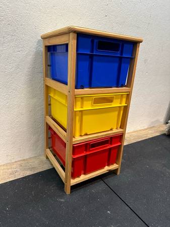 Wooden Toy Storage Rack with Plastic Bins #0416