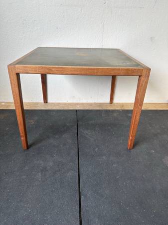 1970s Mid Century Modern Harry Lunstead Designs Acid Etched Top Hardwood Frame Side Table #0246