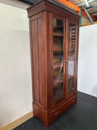 Antique Stained Oak Solid Wood Display Cabinet