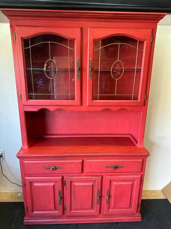 Solid Oak With Glass Door Hutch Rustic Painted/Stained Console #0183