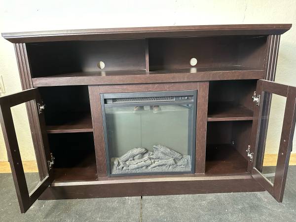 Solid Wood Dark Stained Oak Media Console with Electric Fireplace Insert Fireplace TV Stand #0137