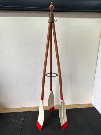 Wooden Oar Coat Rack with Brass Hook Accents