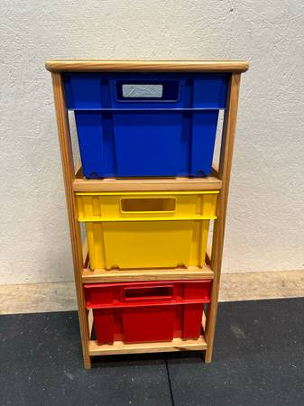 Wooden Toy Storage Rack with Plastic Bins #0416