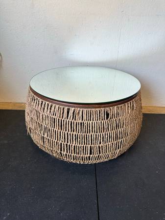 Braided Rattan Coffee Table with Mirror Top #0540