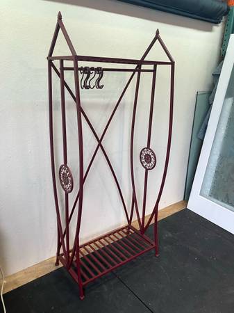 Vintage Ornate Iron Hall Tree Entry Coat and Umbrella Rack with Iron Sliding Hooks #0222