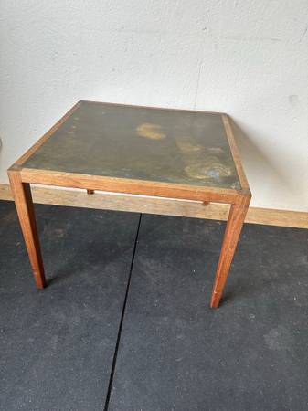 1970s Mid Century Modern Harry Lunstead Designs Acid Etched Top Hardwood Frame Side Table #0246