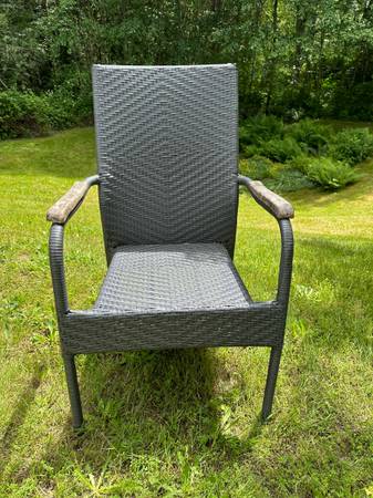 Wicker Outdoor Chair with Wooden Arm Accents Grey #0409