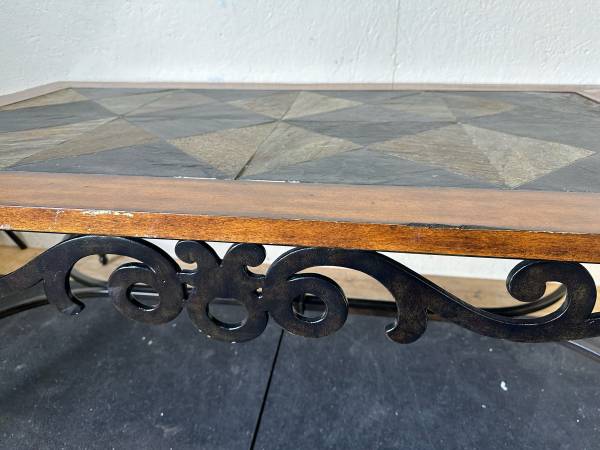 Rectangular Iron Base Slate Inlayed Wooden Coffee Table #0168