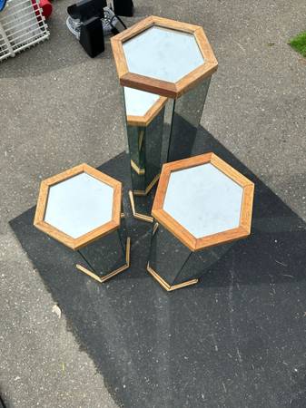 Postmodern Mirrored Hexagonal Wooden Framed Pedestal Side Tables Plant Stands