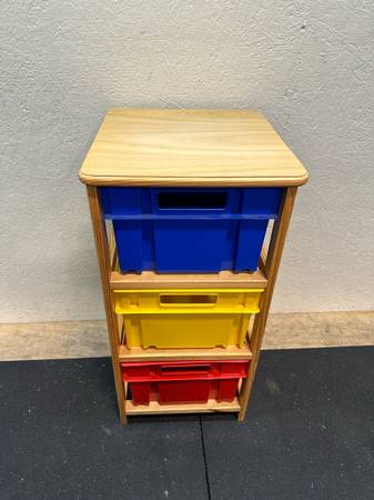 Wooden Toy Storage Rack with Plastic Bins #0416