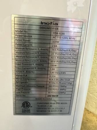 Inofia YDA-828E Dehumidifier #0551