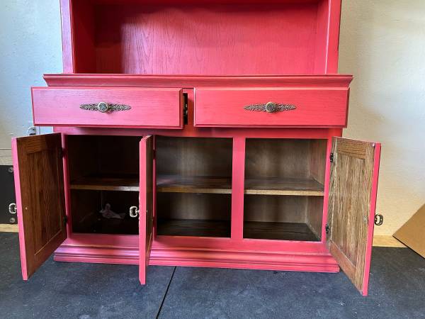 Solid Oak With Glass Door Hutch Rustic Painted/Stained Console #0183