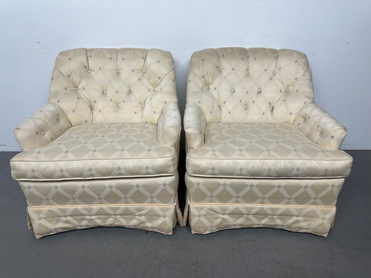 Set of 2 Mid Century Beige Flower Print Accent Chairs #1094