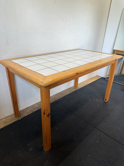 Mid century modern wood table with white tile inlay #0126