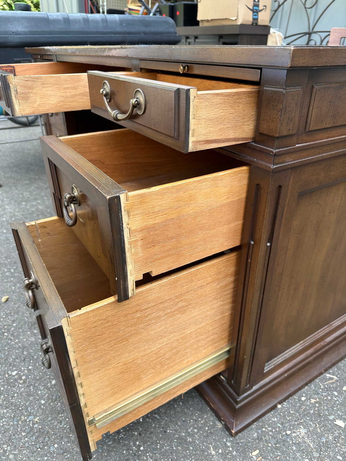 Sligh Vintage Library Desk, Fruitwood & Tooled Leather, 2 File Drawers #0758