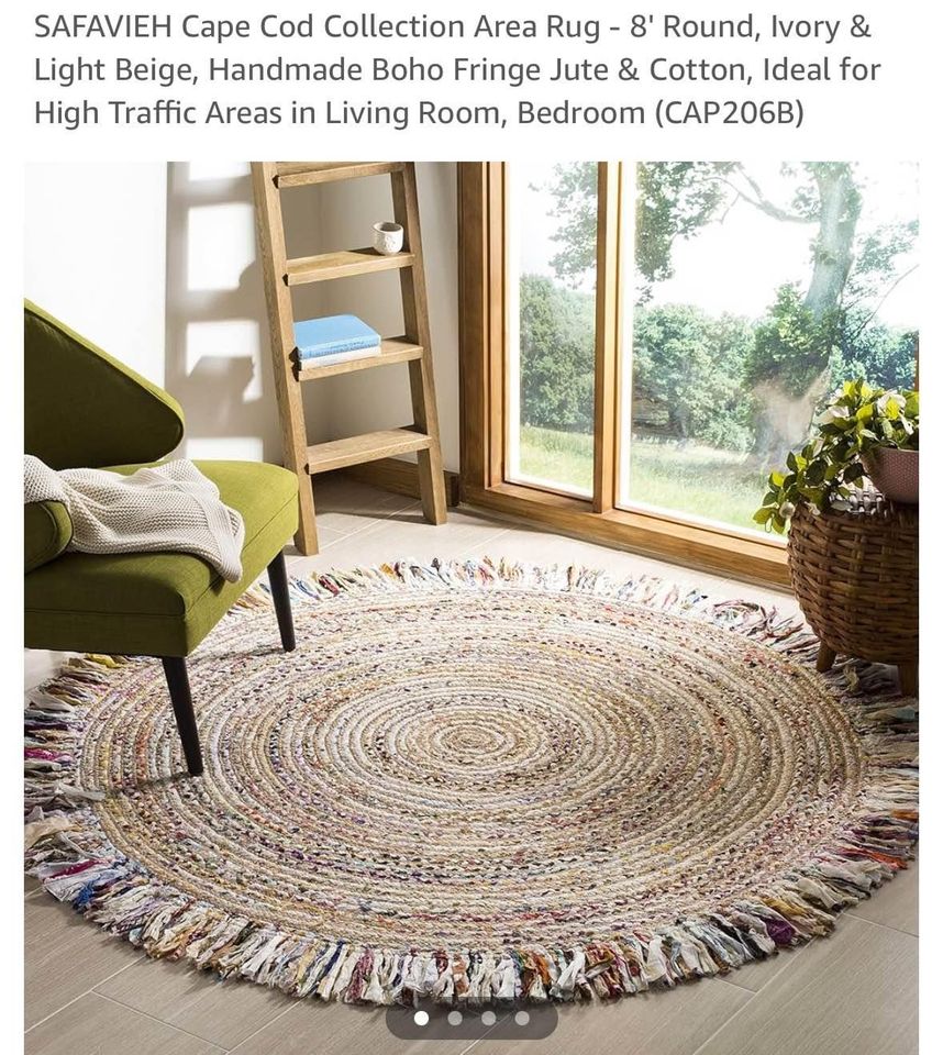 Safavieh Cape Cod Collection Area Rug 8' Round Ivory & Light Beige, Handmade Boho Fringe Jute & Cotton #0641