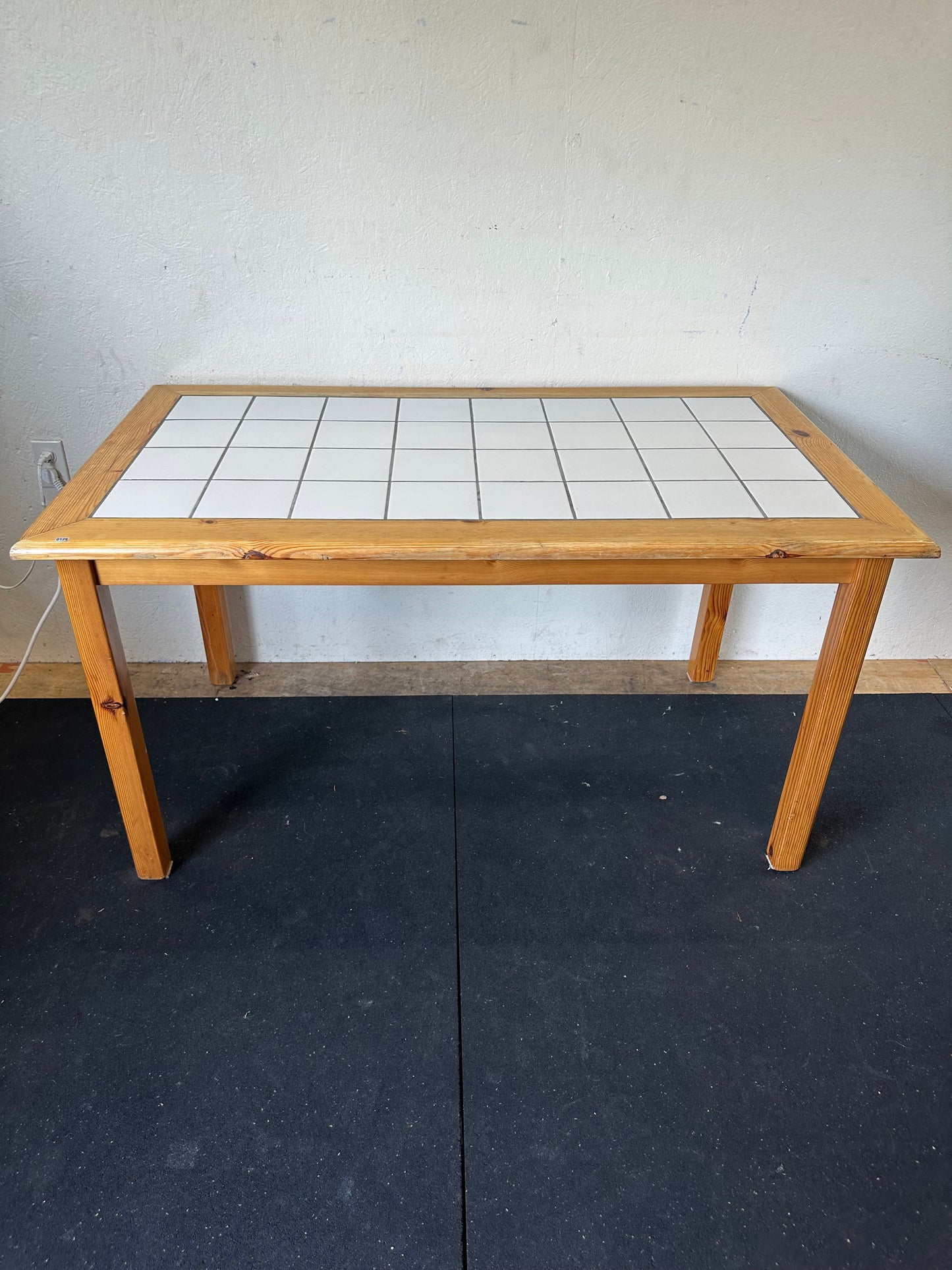 Mid century modern wood table with white tile inlay #0126