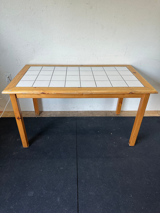 Mid century modern wood table with white tile inlay #0126