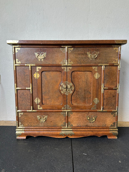 Vintage Asian Tansu Banded Burl Wood Chest Brass Mounted Storage Cabinet KH#0112