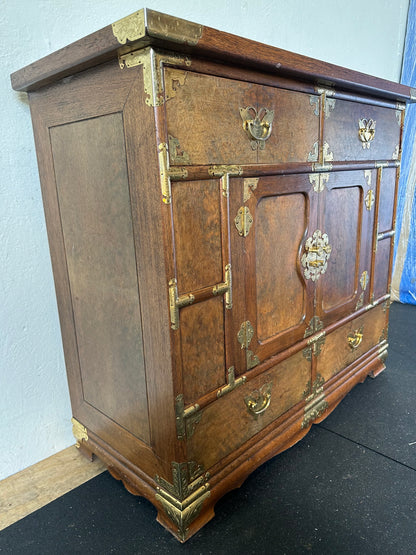 Vintage Asian Tansu Banded Burl Wood Chest Brass Mounted Storage Cabinet KH#0112