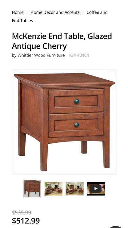 McKenzie End Table Glazed Antique Cherry by Wittier Wood Furniture #0621