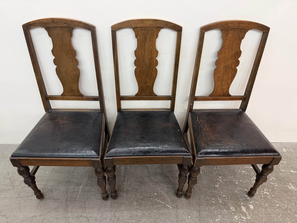 Set of 3 Vintage Leather Wooden Dining Chairs