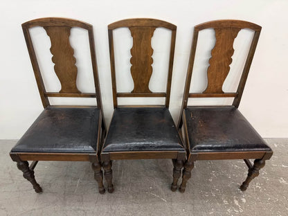 Set of 3 Vintage Leather Wooden Dining Chairs