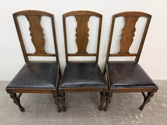 Set of 3 Vintage Leather Wooden Dining Chairs