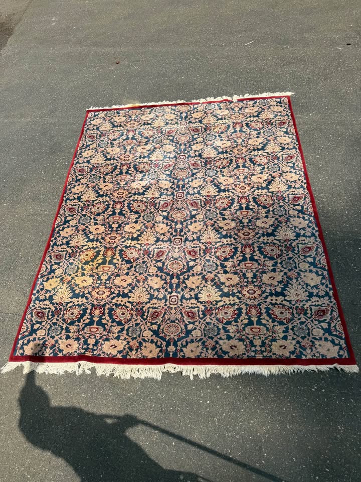 Pure Wool Blue Red Cream Floral Rug