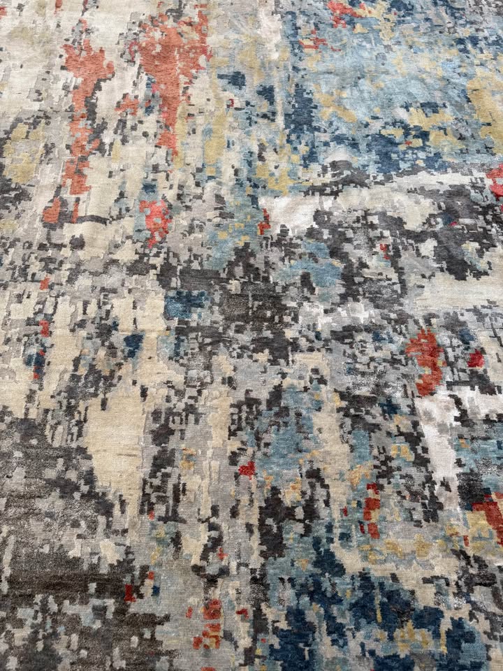 Large 15x12 ft Abstract Wool Area Rug Blue Grey Red