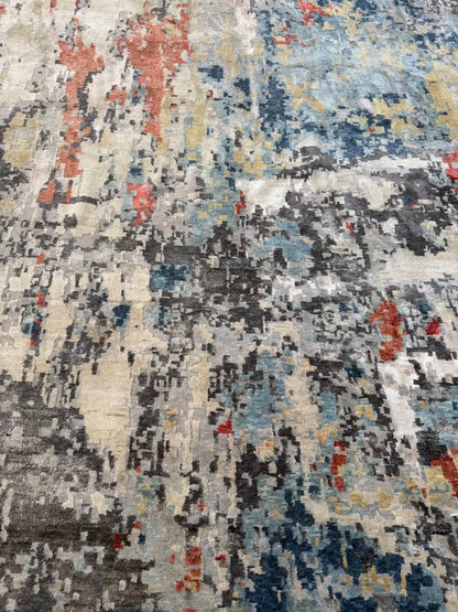 Large 15x12 ft Abstract Wool Area Rug Blue Grey Red