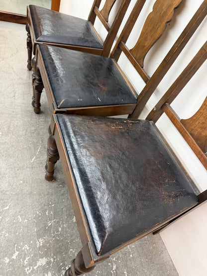 Set of 3 Vintage Leather Wooden Dining Chairs