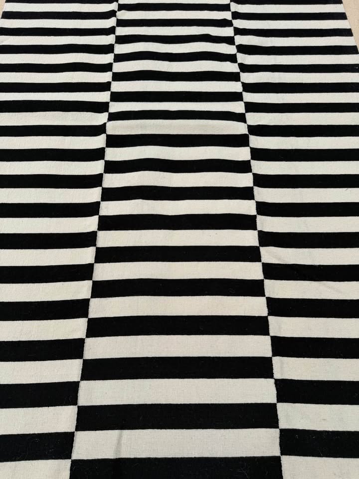 Black and White Striped Area Rug 5x7 Wool Blend
