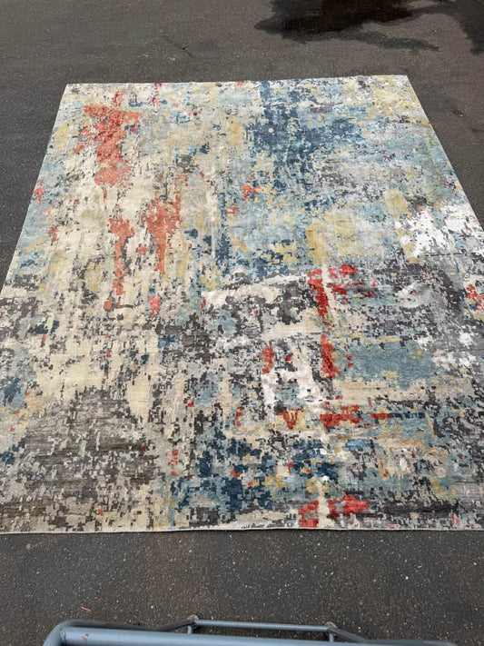 Large 15x12 ft Abstract Wool Area Rug Blue Grey Red