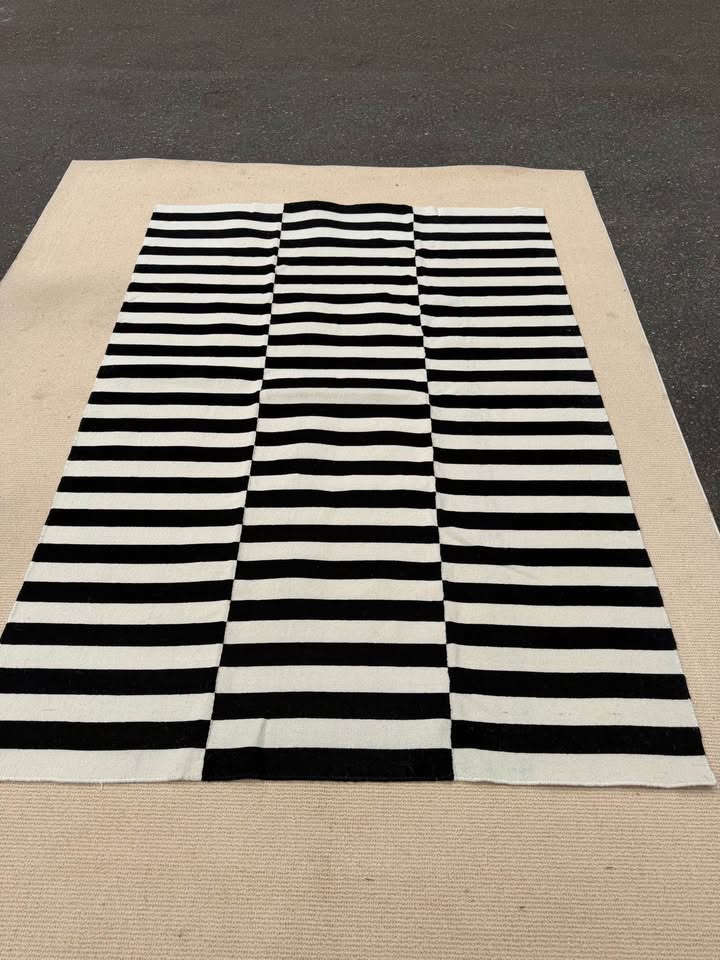 Black and White Striped Area Rug 5x7 Wool Blend